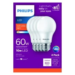 Philips Soft White Light Bulds Non-Dimmable, 800 Lumens, 60W, A19Bulb, 4-Pack, 461129
