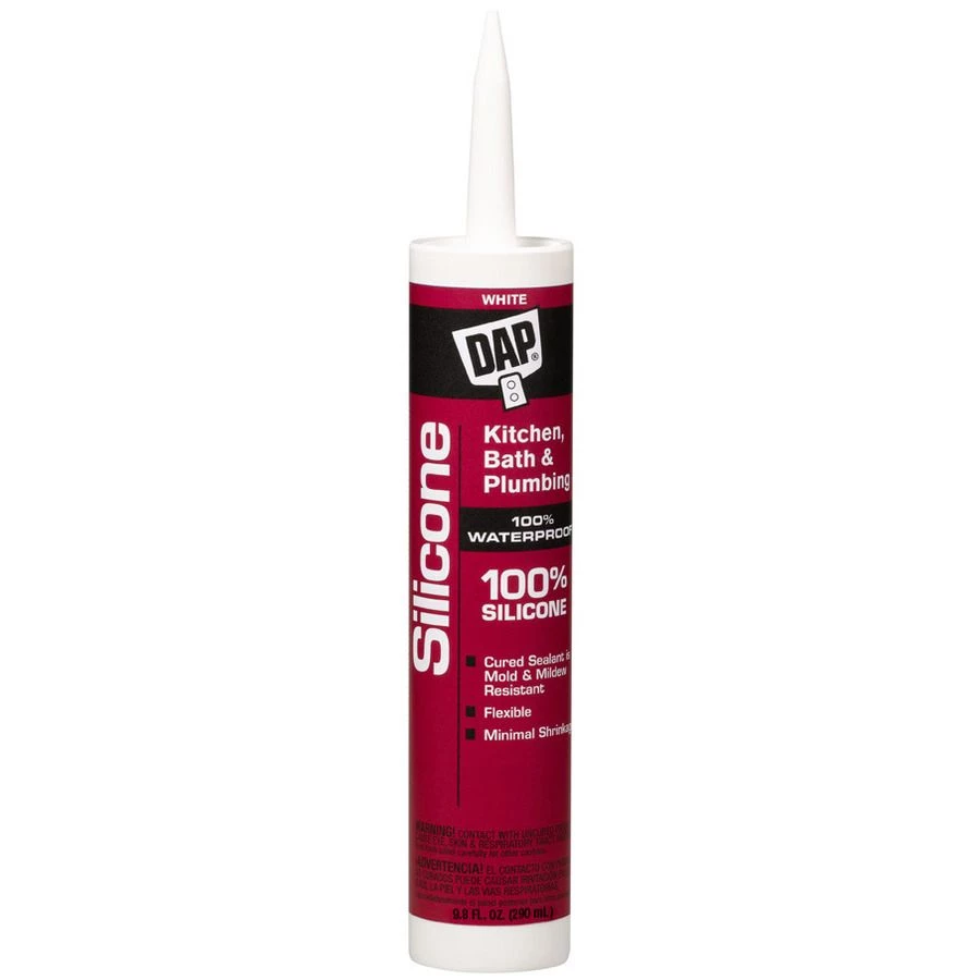 DAP 100% Silicone Kitchen, Bath & Plumbing Sealant, 7079808640, White, 9.8 OZ 3 DAP 100% Silicone Kitchen, Bath & Plumbing Sealant, 7079808640, White, 9.8 OZ