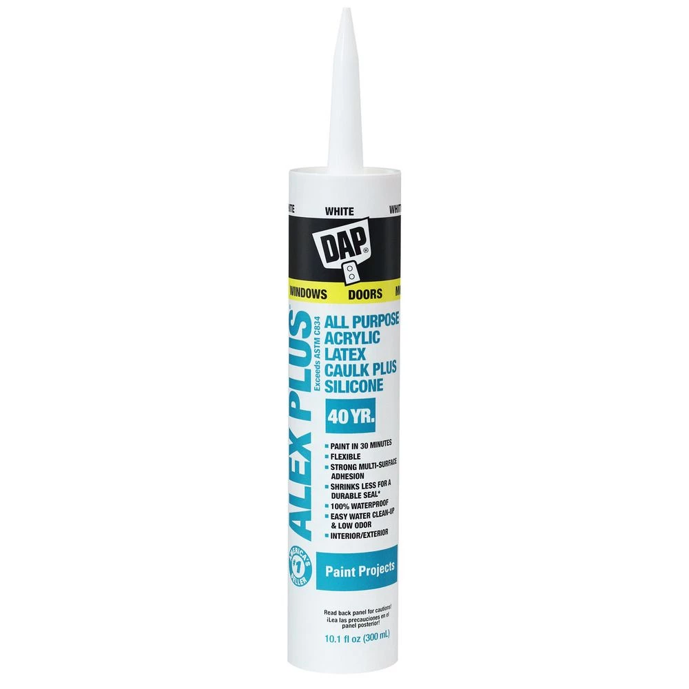 DAP Alex Plus All Purpose Acrylic Latex Caulk Plus Silicone, 7079818152, White, 10.1 OZ 3 DAP Alex Plus All Purpose Acrylic Latex Caulk Plus Silicone, 7079818152, White, 10.1 OZ
