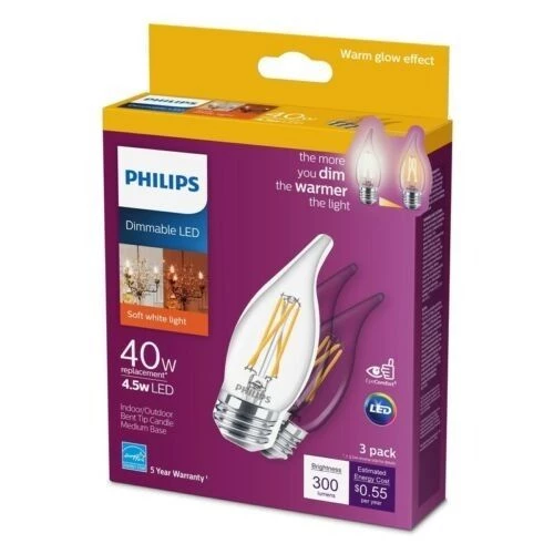 Philips LED Candle Bulb, Dimmable, 3.3 Watt (40 Watt Equivalent), Soft White, 300 Lumens, 3-Pack, 540765 3 Philips LED Candle Bulb, Dimmable, 3.3 Watt (40 Watt Equivalent), Soft White, 300 Lumens, 3-Pack, 540765
