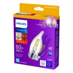 Philips LED Candle Bulb, Dimmable, 5.5 Watt (60 Watt Equivalent), Soft White, 500 Lumens, Indoor-Outdoor, 3-, 540781