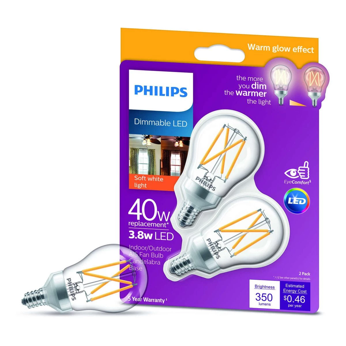 Philips LED Bulb, 4.5 Watt (40 Watt Equivalent), Soft White, 300 Lumens, 2-Pack, 548917 4 Philips LED Bulb, 4.5 Watt (40 Watt Equivalent), Soft White, 300 Lumens, 2-Pack, 548917 - Image 2
